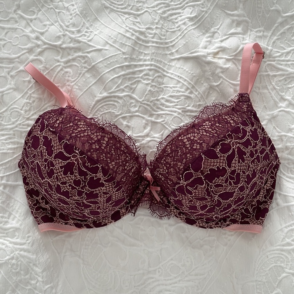 Victoria's Secret Plum Lace Push-Up Bra with Pink Trim